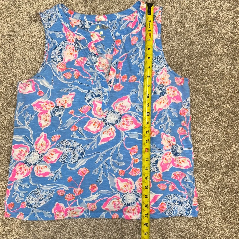 Lilly Pulitzer Floral Tank top Women Size Large Cotton V-Neck Blue Pink